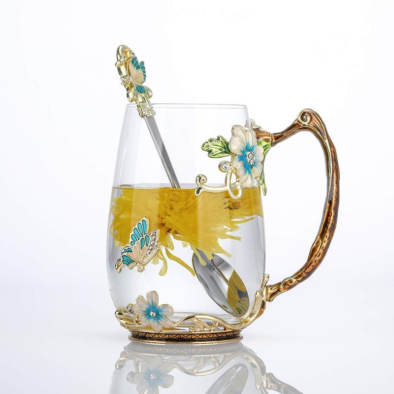 Luka Tech Enamel Butterfly flower Glass Mug with Spoon, Gifts For Women Wife Mom Friends Birthday Mothers Valentines Day Christmas (Blue-Tal) - Image 1
